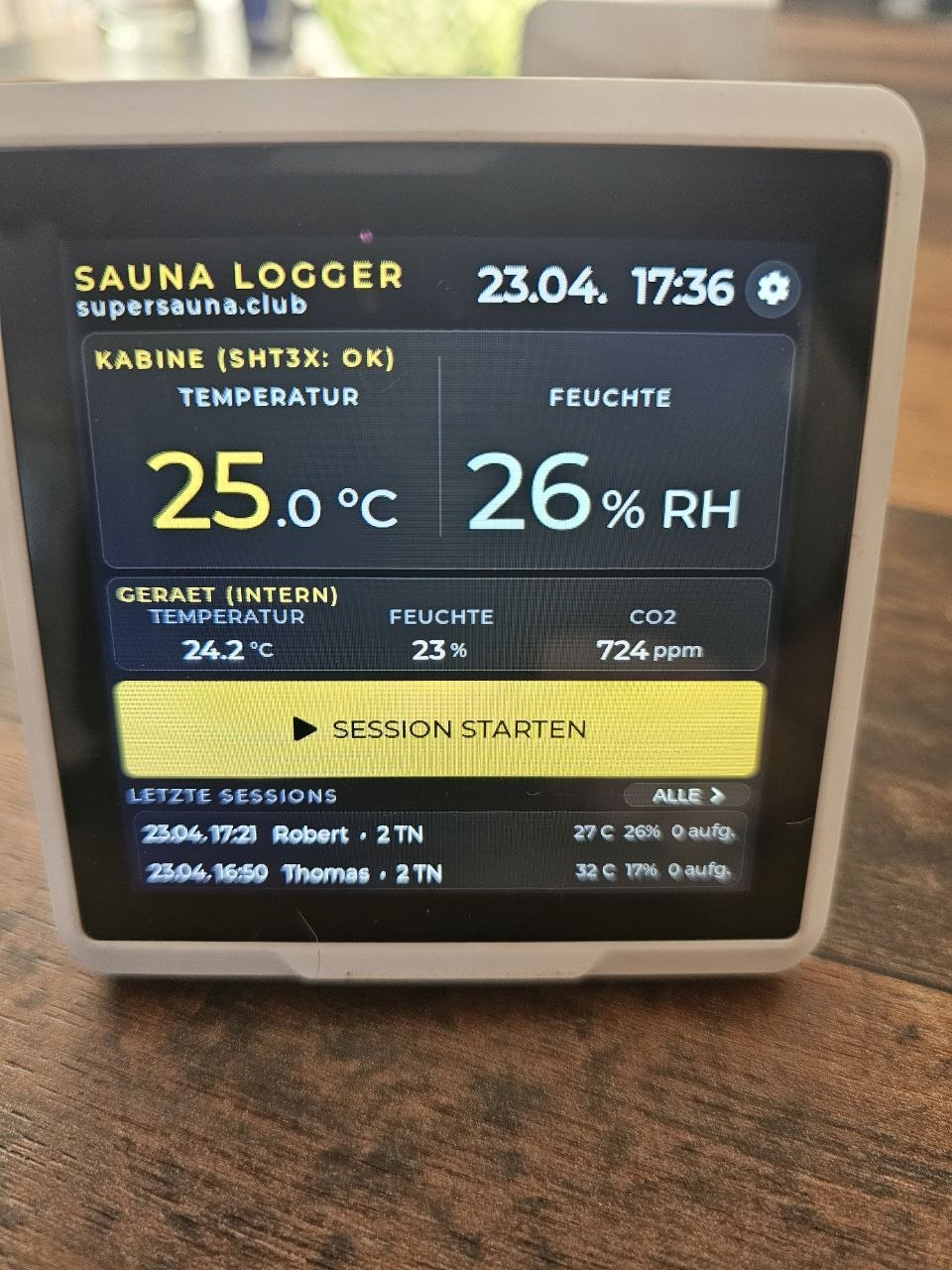 SSC Sauna Logger &ndash; Display Hauptansicht