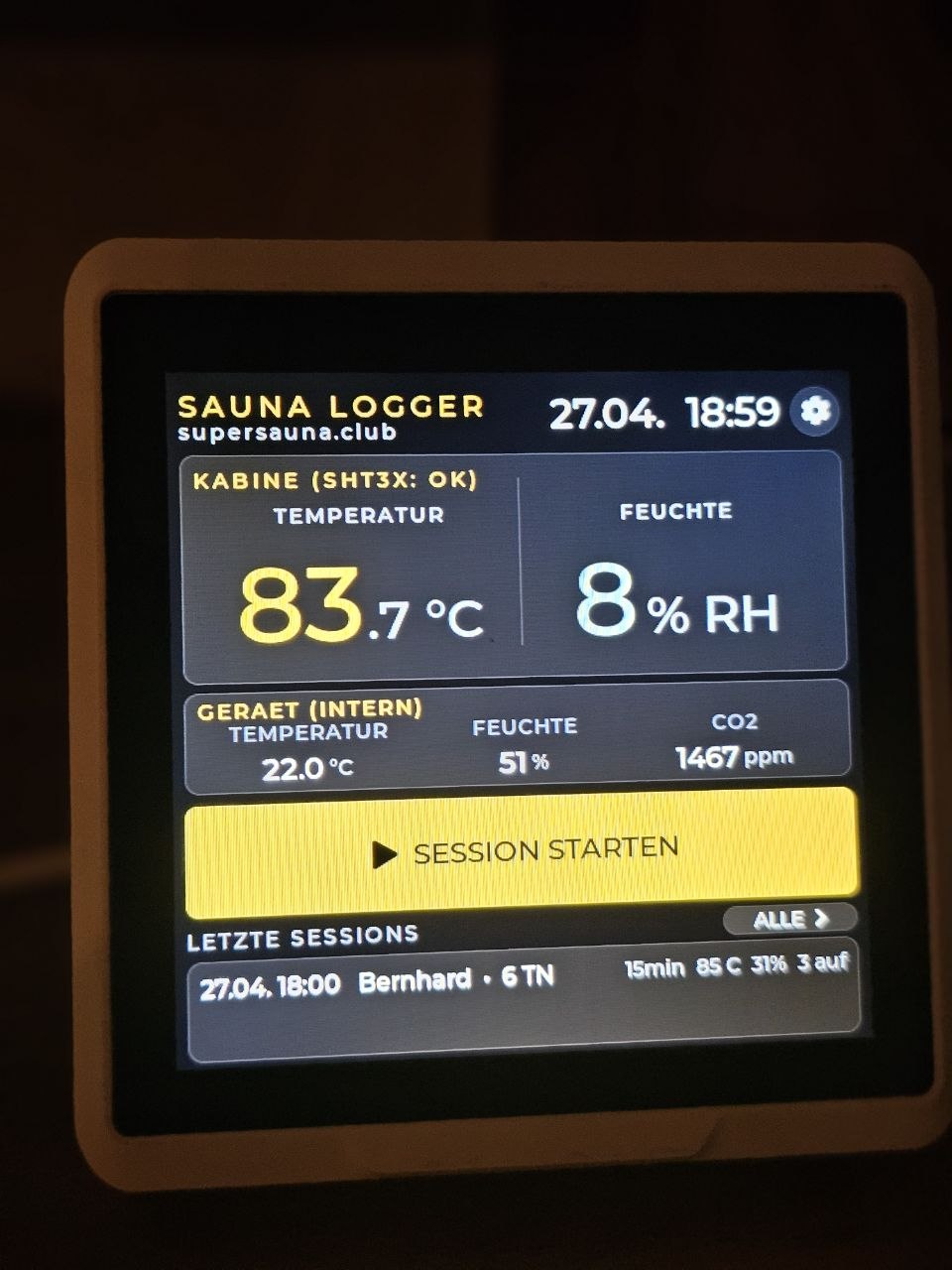 SSC Sauna Logger &ndash; Hauptdashboard w&auml;hrend einer Session