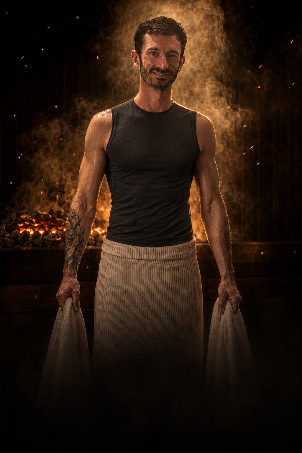 KI-Poster: Kevin Kolar, Aufgussmeister des Super Sauna Club