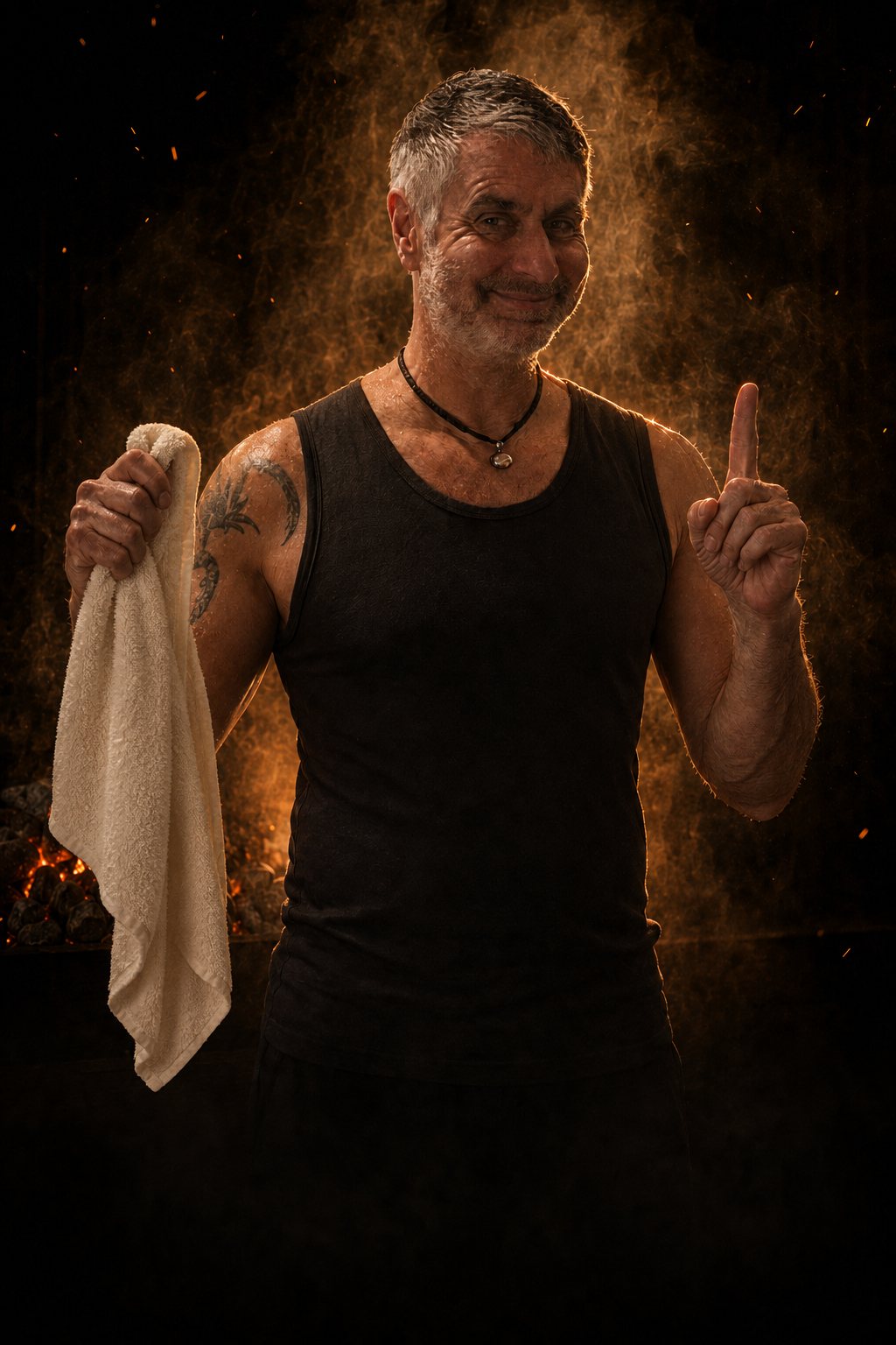 KI-Poster: Bernhard Vymyslicky, Aufgussmeister des Super Sauna Club